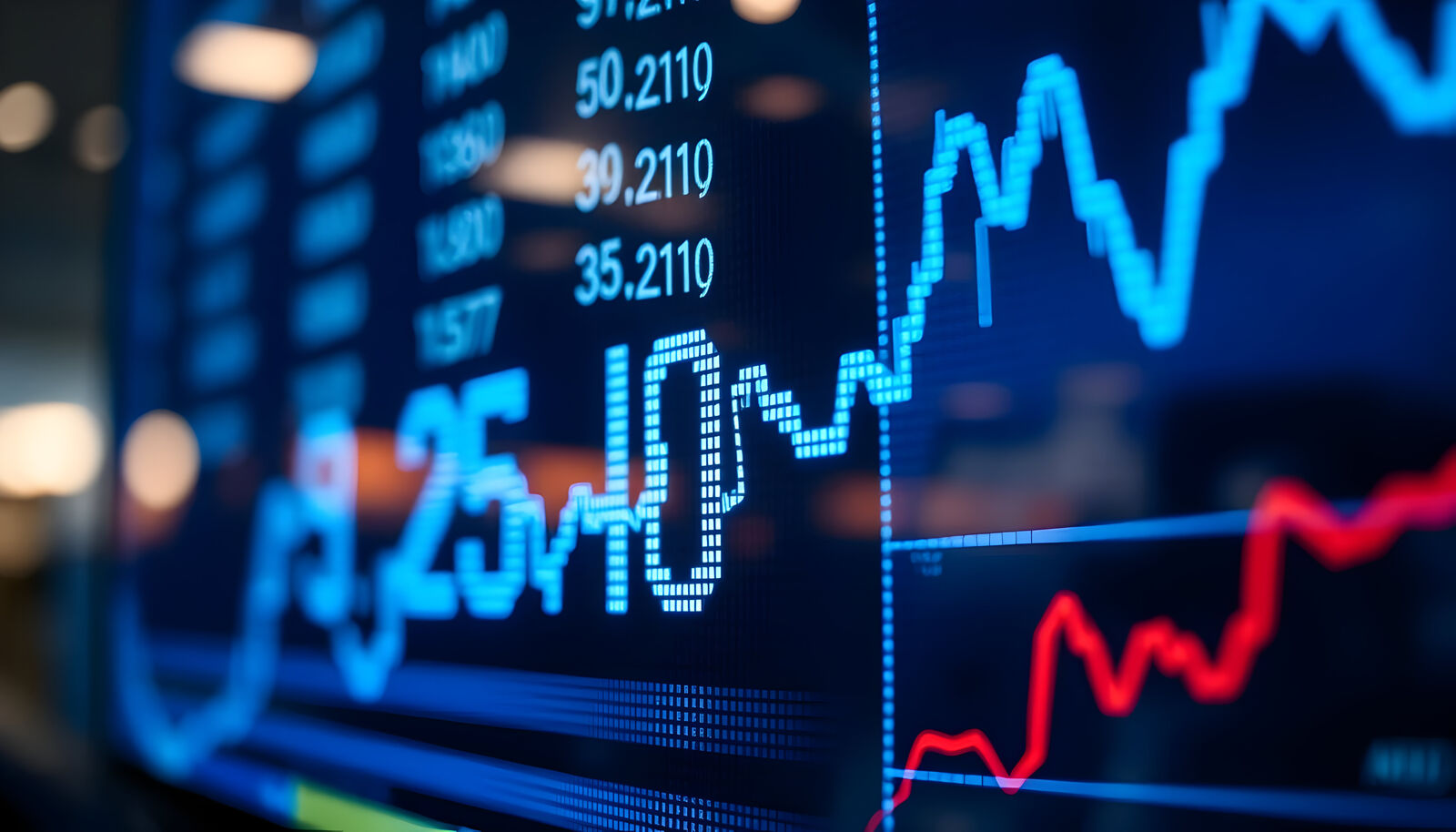 Ekran sa finansijskim grafikonima, plavim i crvenim linijama i brojevima koji prikazuju kretanja na berzi