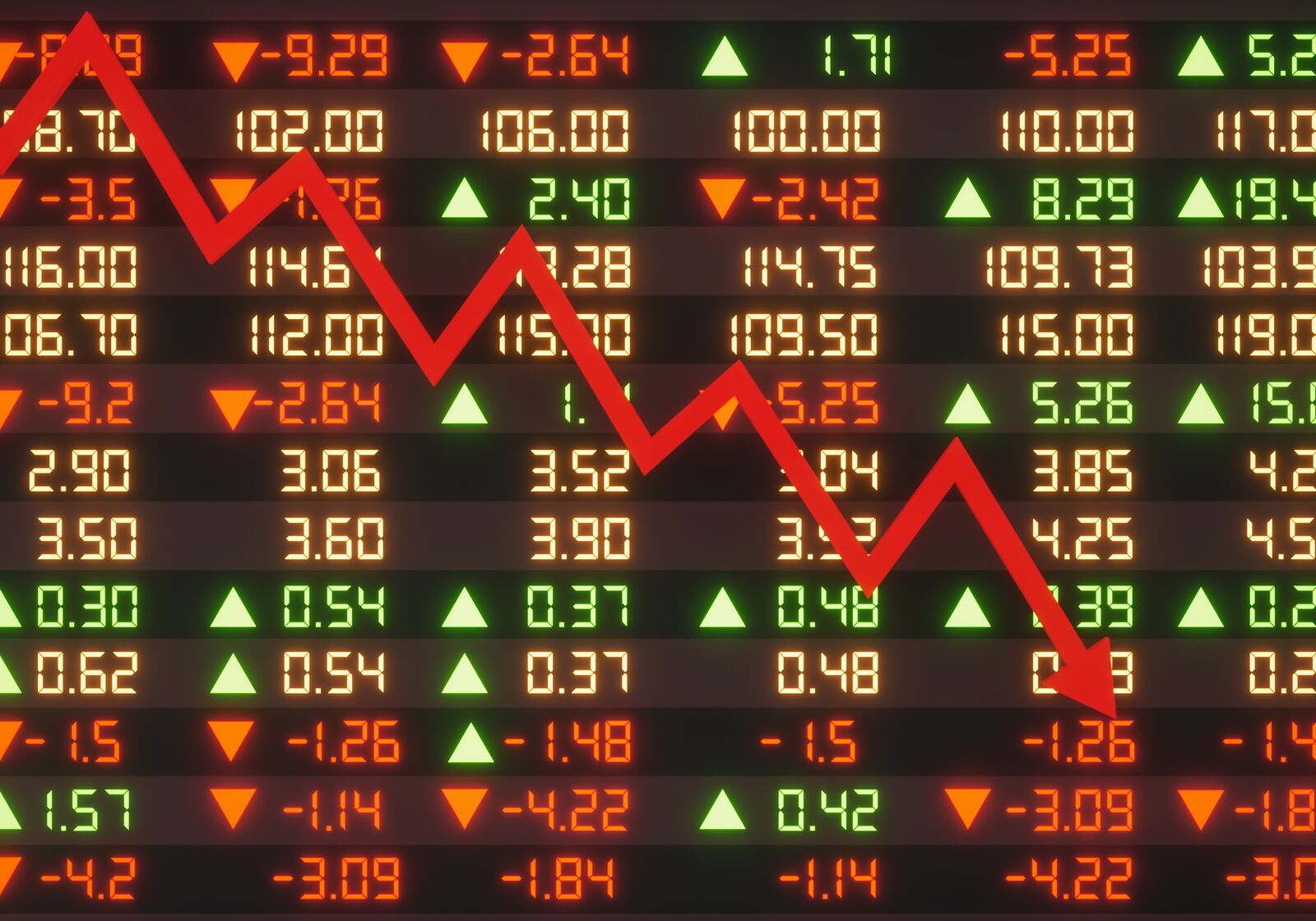 Crvena strelica padanja preko svetlećih digitalnih brojeva i finansijskih tabela na tamnoj pozadini.