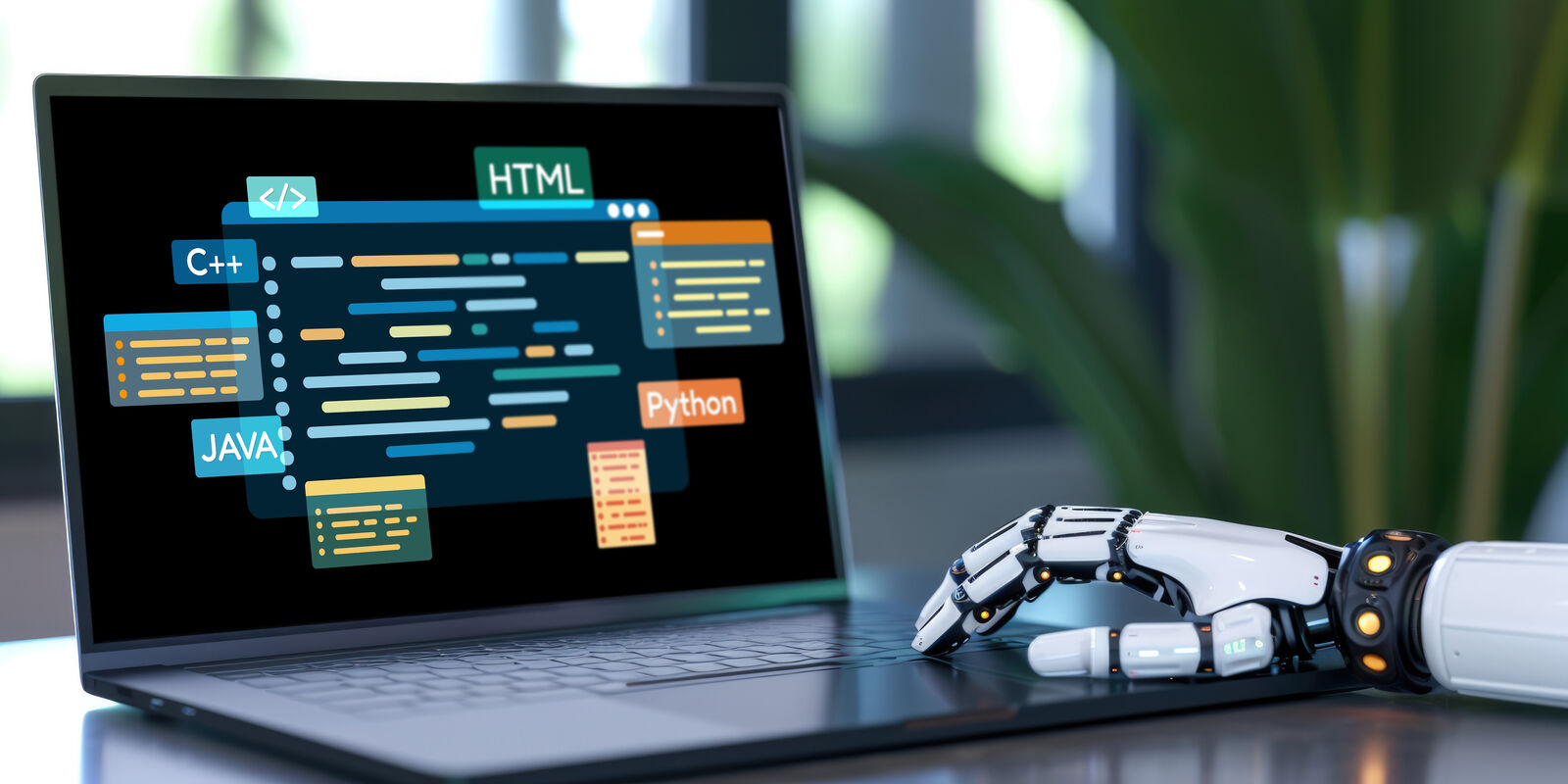 Robotska ruka kuca na tastaturi laptopa na čijem ekranu se nalaze programski jezici.