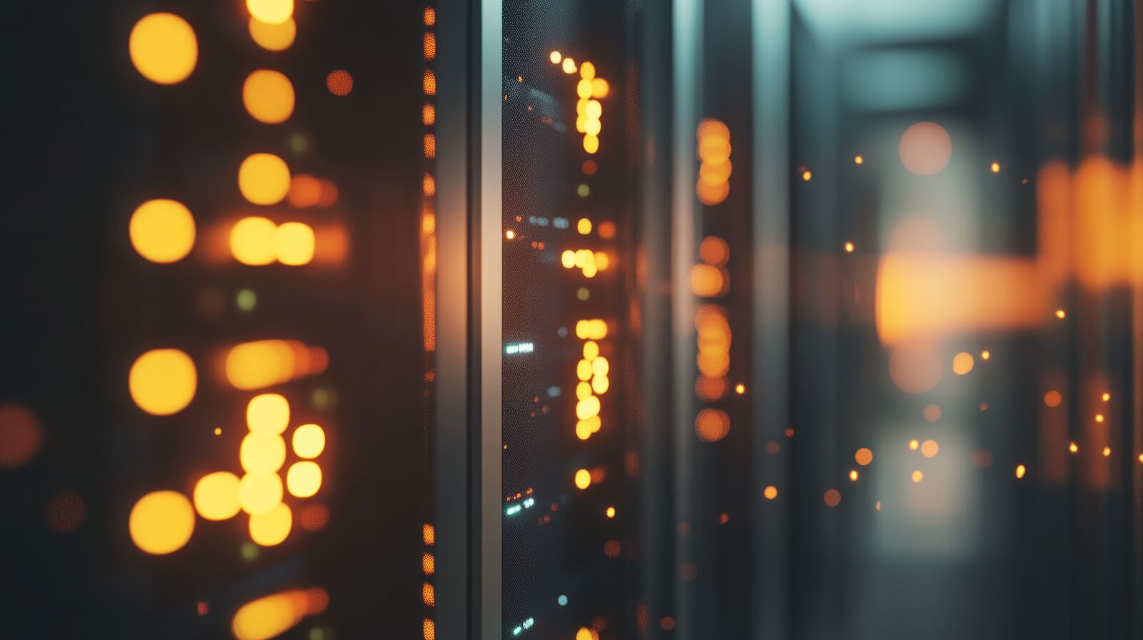 Redovi servera sa trepćućim žutim i narandžastim svetlima u mračnoj server sali.