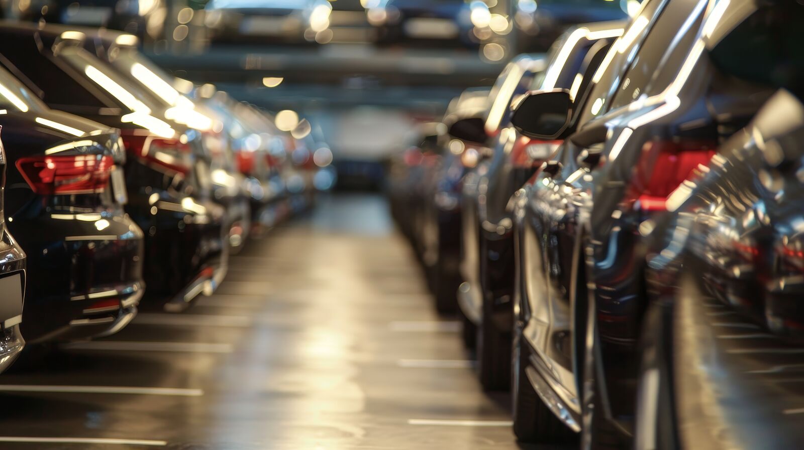 Redovi parkiranih automobila u osvetljenoj podzemnoj garaži sa blistavim krovnim svetlima.