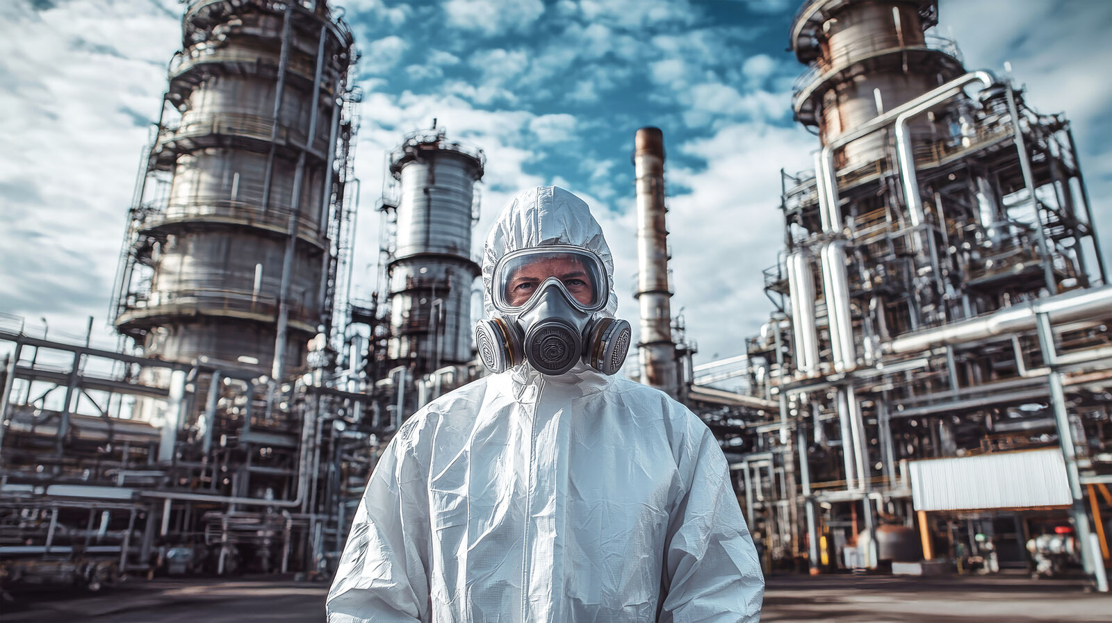 Osoba u belom zaštitnom odelu sa gas maskom stoji ispred velike industrijske rafinerije na otvorenom