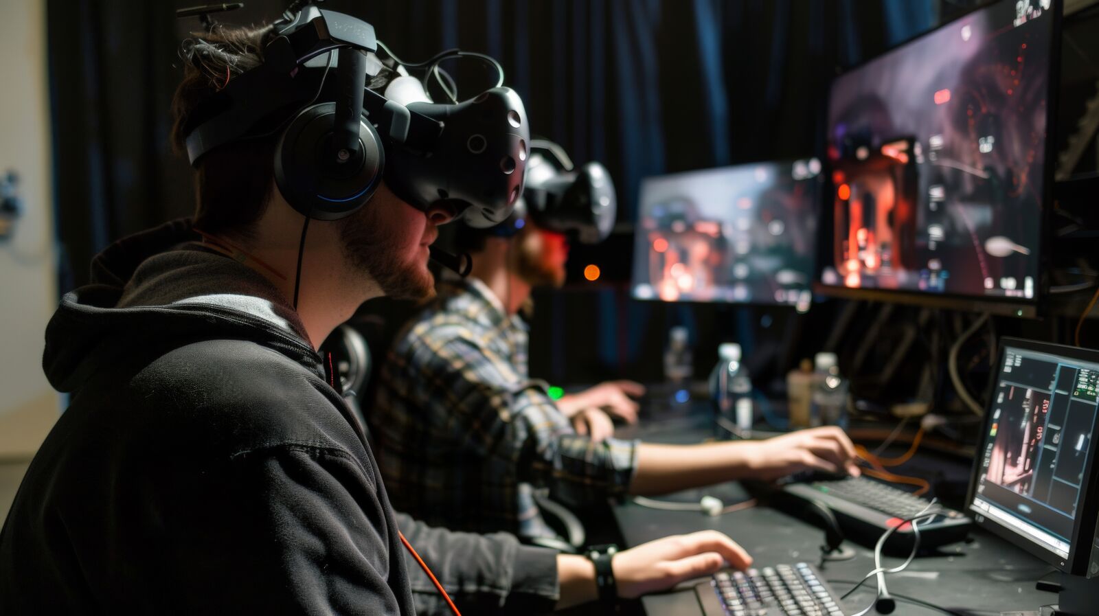 Dva mladića sa naočarima za virtuelnu stvarnost sede za računarima i igraju video igre u tamnoj prostoriji.