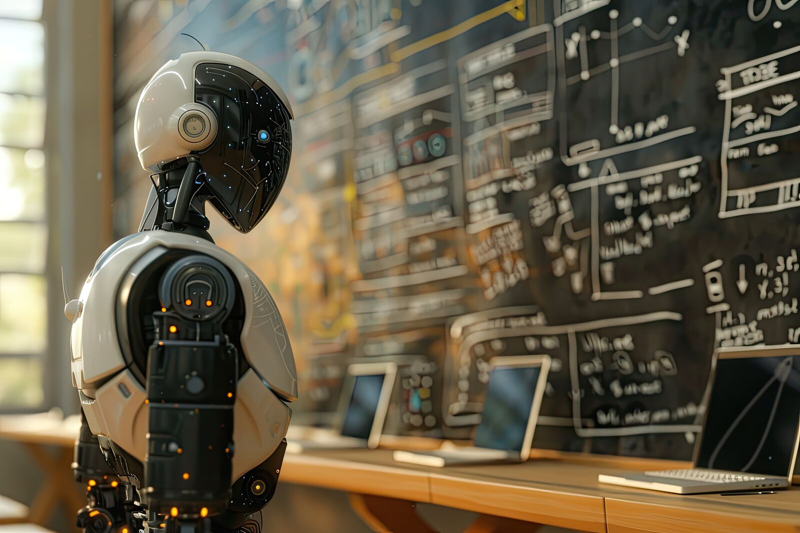 Beli robot stoji ispred table sa matematičkim formulama i otvorenim laptop računarima na stolu.