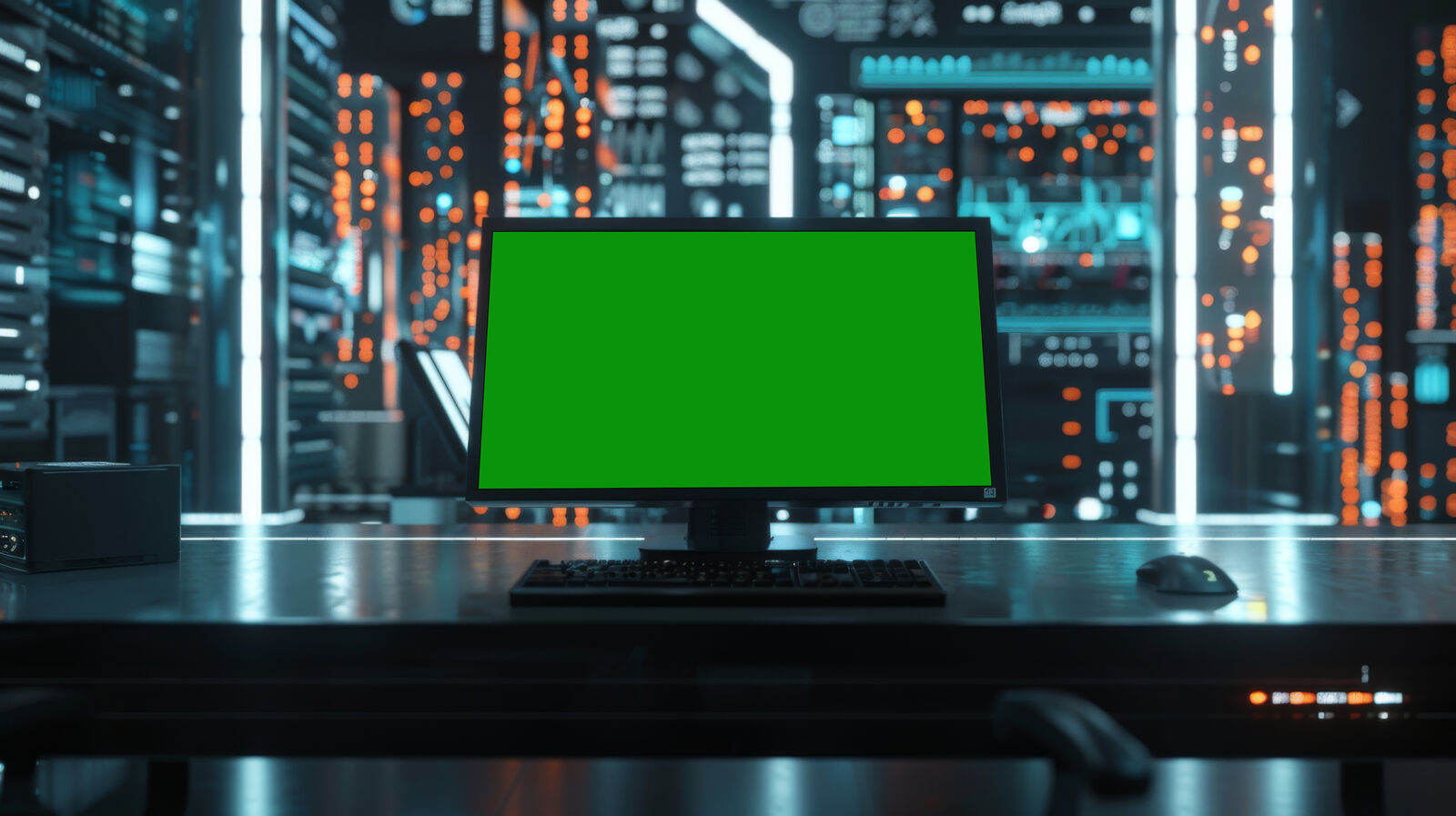 Monitor sa zelenim ekranom, tastatura i miš stoje na stolu u prostoriji punoj svetlećih panela.