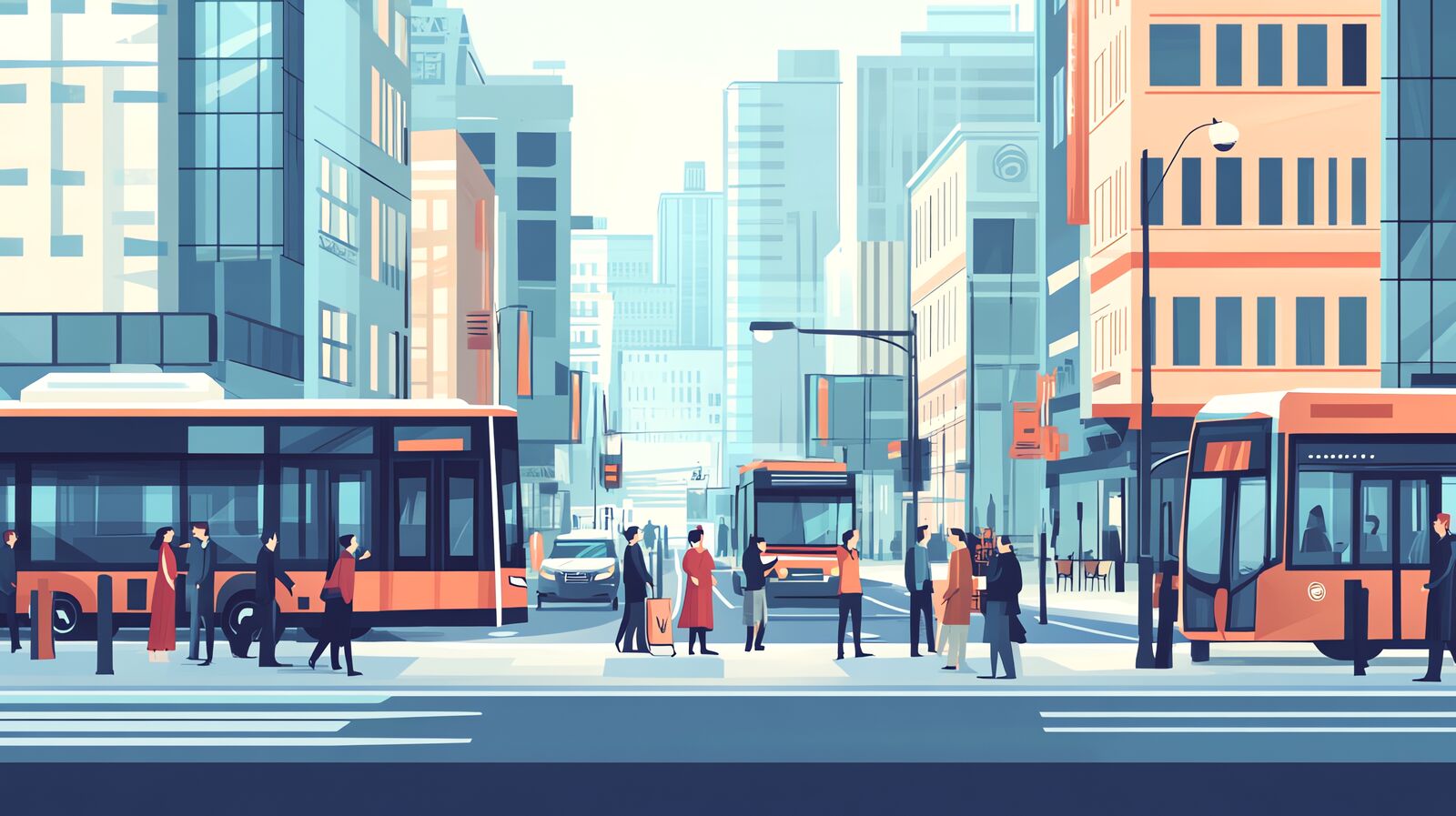 Ilustracija užurbane gradske ulice sa višespratnicama, autobusima i pešacima koji prelaze kolovoz.