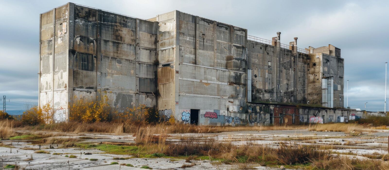 Napuštena i zapuštena betonska industrijska hala sa grafitima okružena suvom travom i niskim rastinjem.