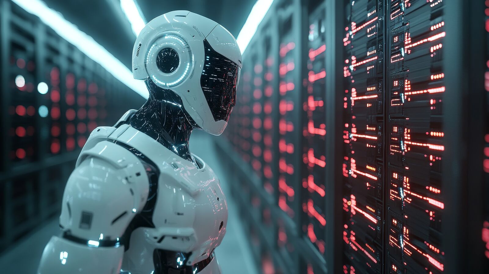 Beli humanoidni robot stoji u server sali i posmatra redove servera sa trepćućim crvenim lampicama.