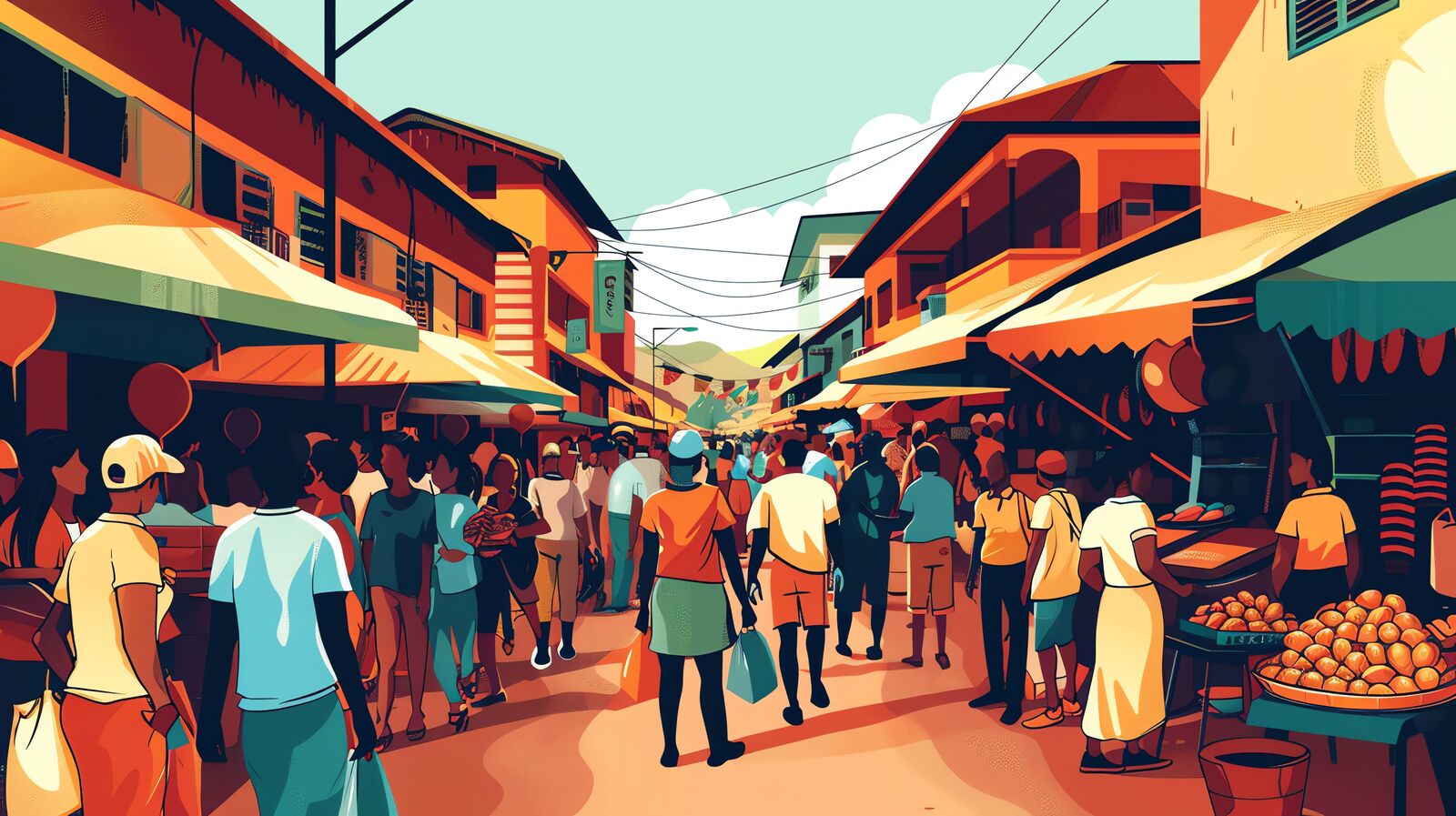 Ilustracija ulične pijase sa mnoštvom ljudi koji kupuju voće i povrće između zgrada.