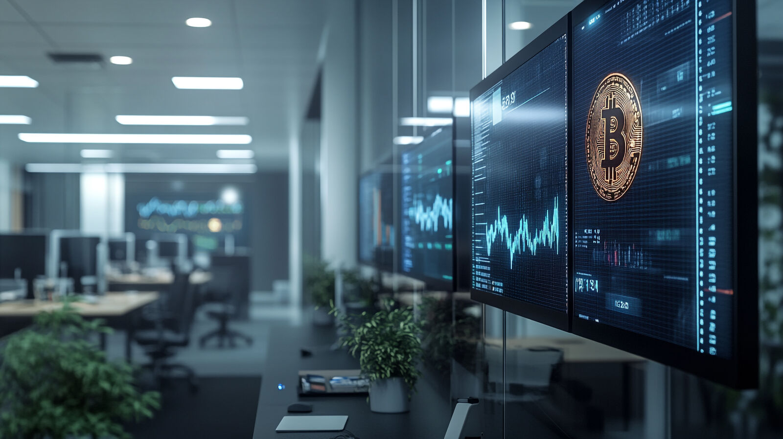 Ekran u modernoj kancelariji prikazuje bitcoin novčić i finansijske grafikone sa podacima u realnom vremenu.