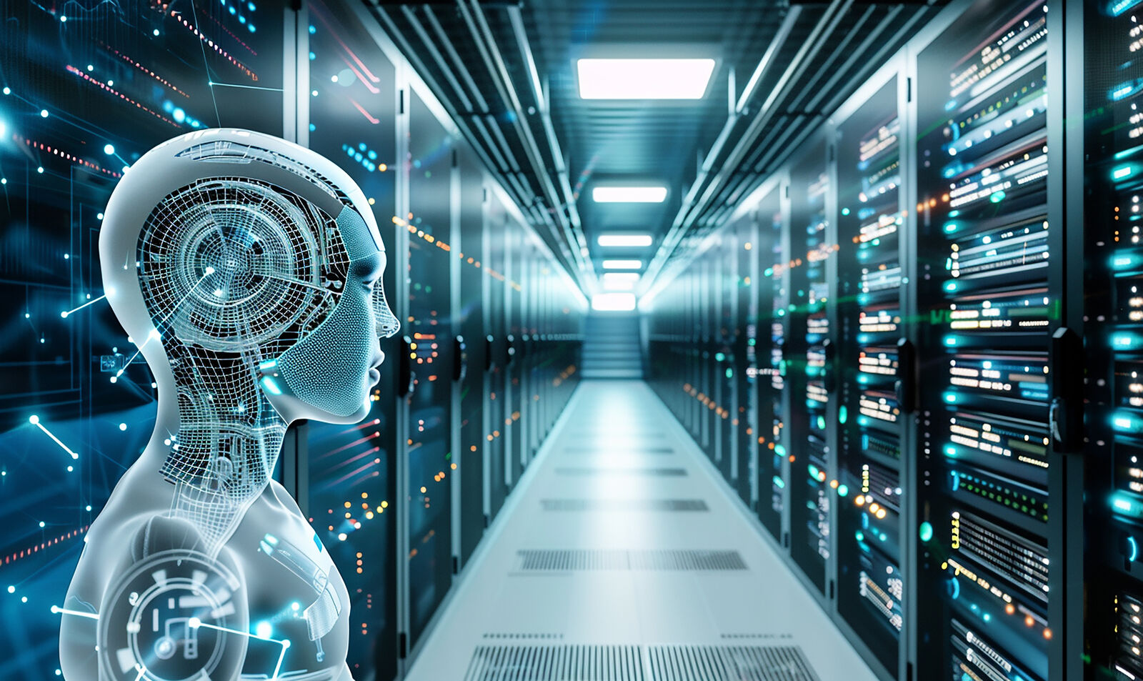 Beli humanoidni robot stoji u modernom serverskom centru ispunjenom svetlećim rack ormarima.