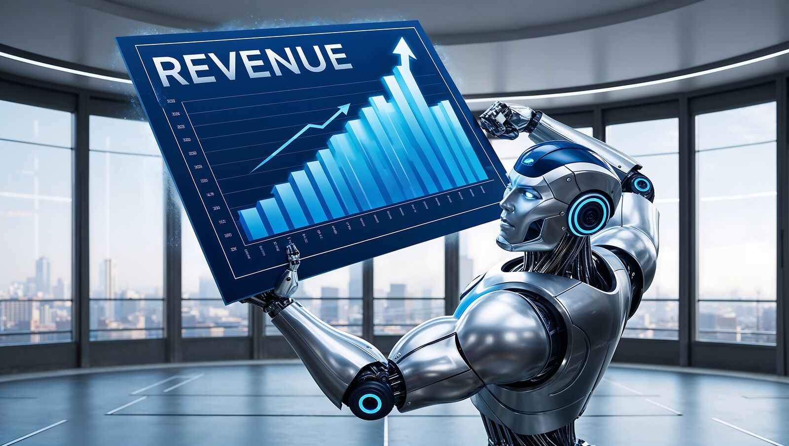Futuristički robot u modernoj kancelariji drži plavi grafikon rasta prihoda sa strelicama nagore.