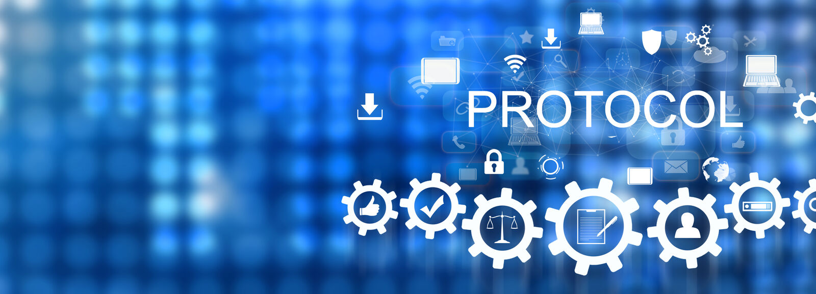 Bele zupčanici i tekst protocol na plavoj digitalnoj pozadini sa raznim ikonama