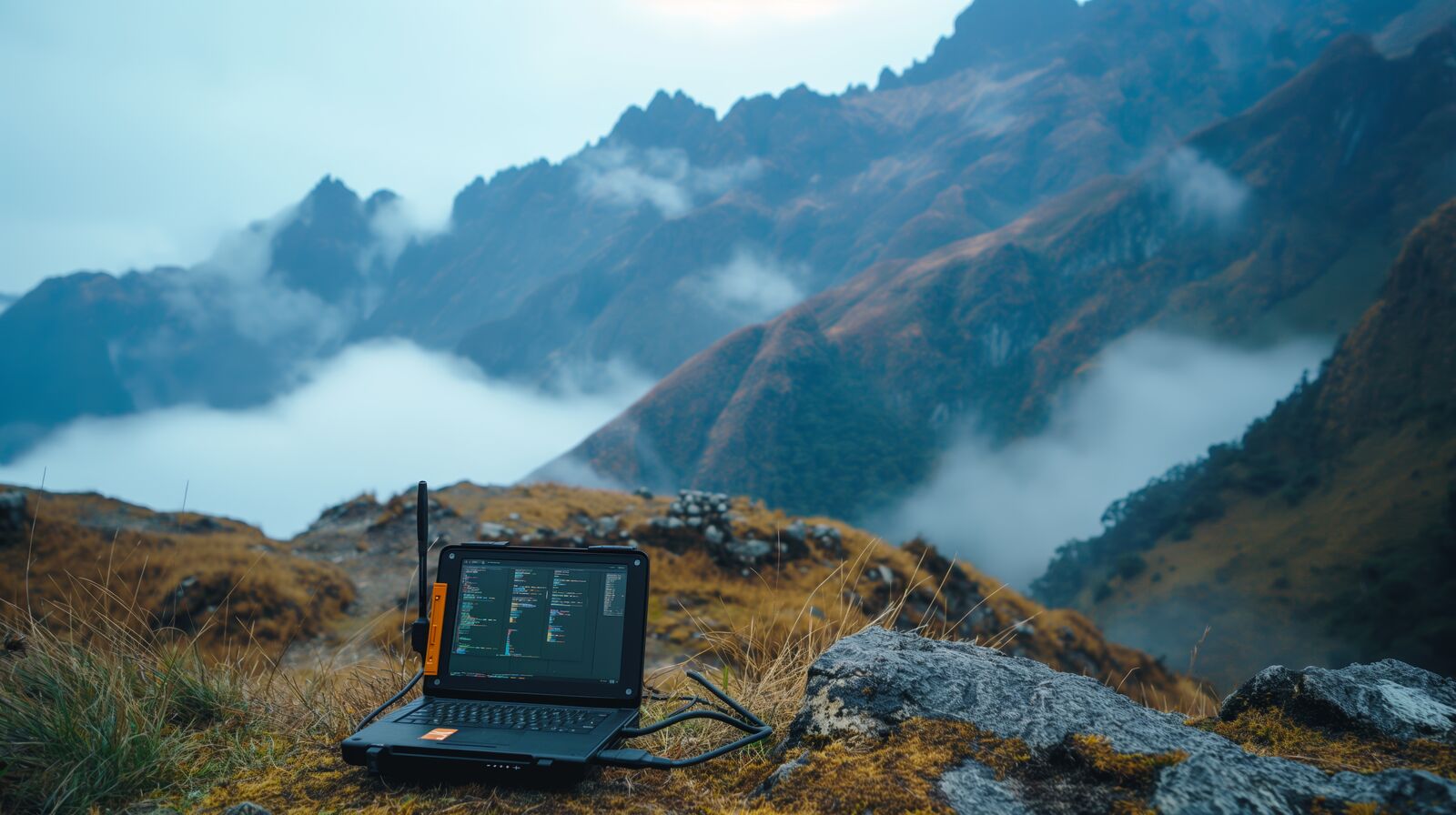 Laptop sa otvorenim kodom postavljen na steni sa pogledom na maglovite planinske vrhove.