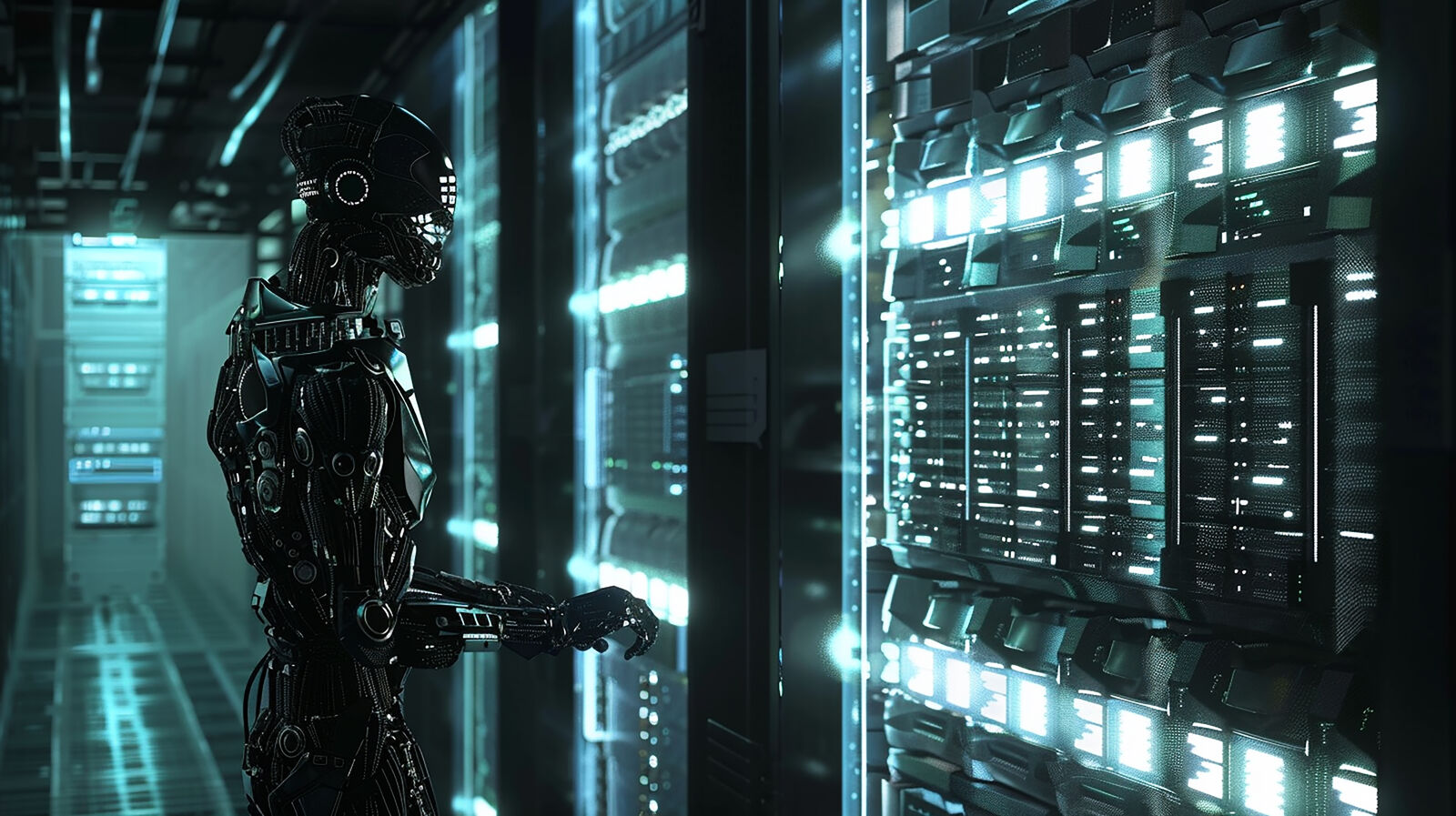 Crni humanoidni robot stoji u server sali i gleda u osvetljene server orahe.