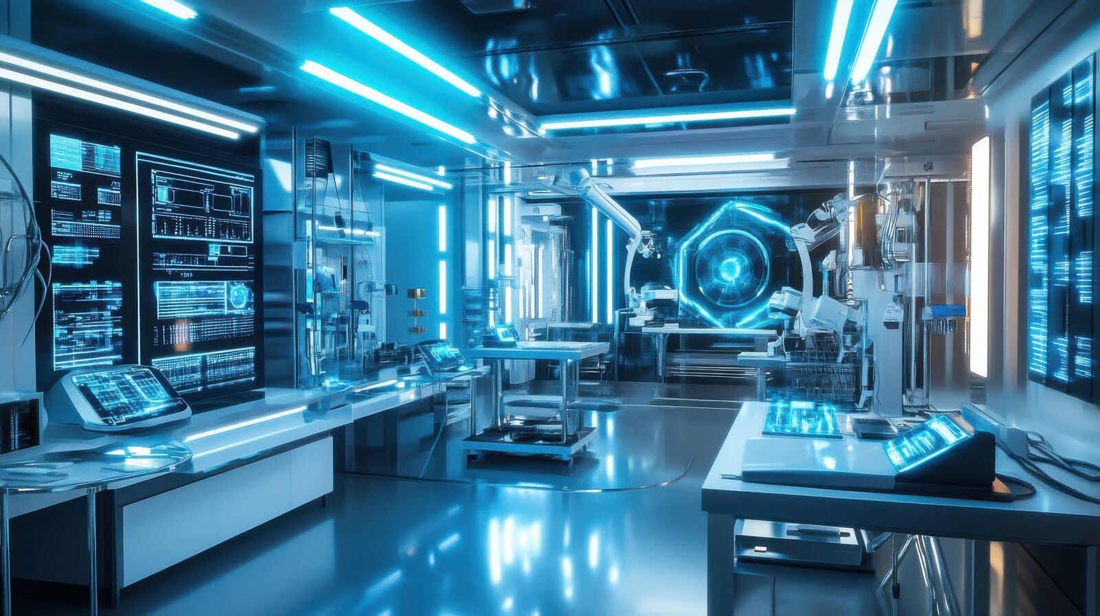 Futuristička laboratorija sa svetlećim plavim ekranima, visokotehnološkom opremom i stolovima u modernom zatvorenom prostoru.