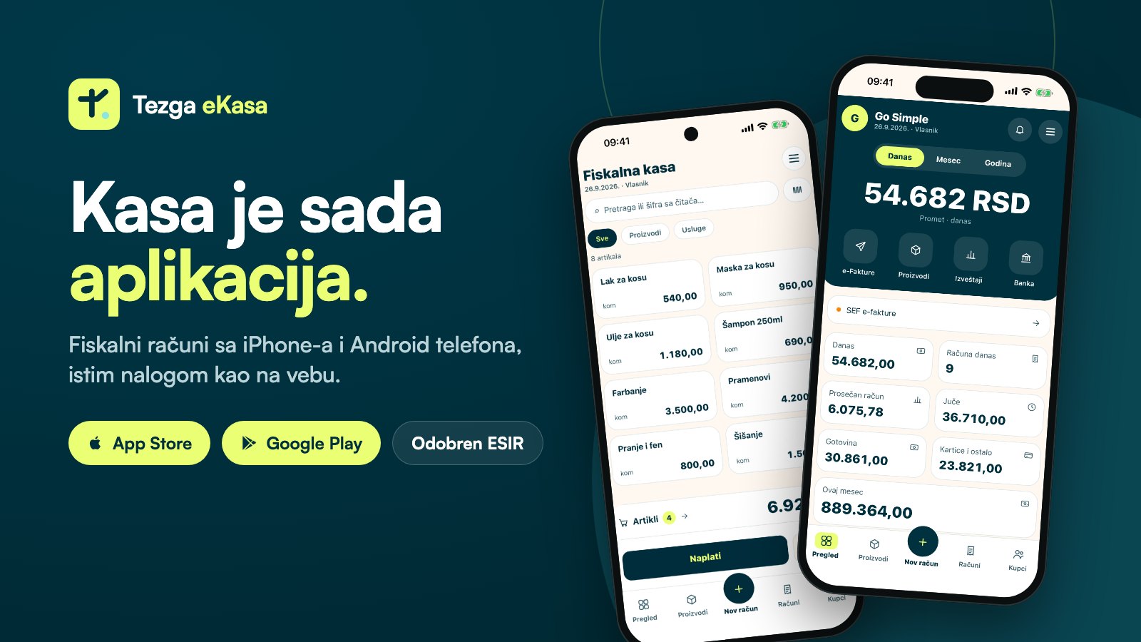 Mobilni telefoni sa prikazom aplikacije za fiskalnu kasu i prateći tekst sa dugmadima za preuzimanje.